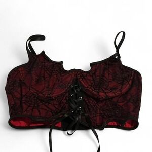 Romwe Corset Top Women Large Red Black Excellent Spiderweb Lace Hook Eye Gothic